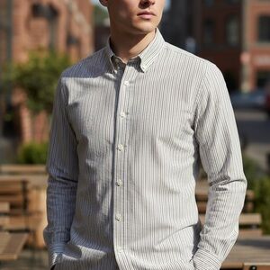 Mango Men's Gray Striped Button Down Shirt
